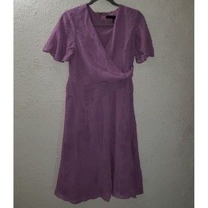 Donna Karan Sz M Boho Midi Dress Purple Lace V-Neck Lined Back Zip Short Sleeve